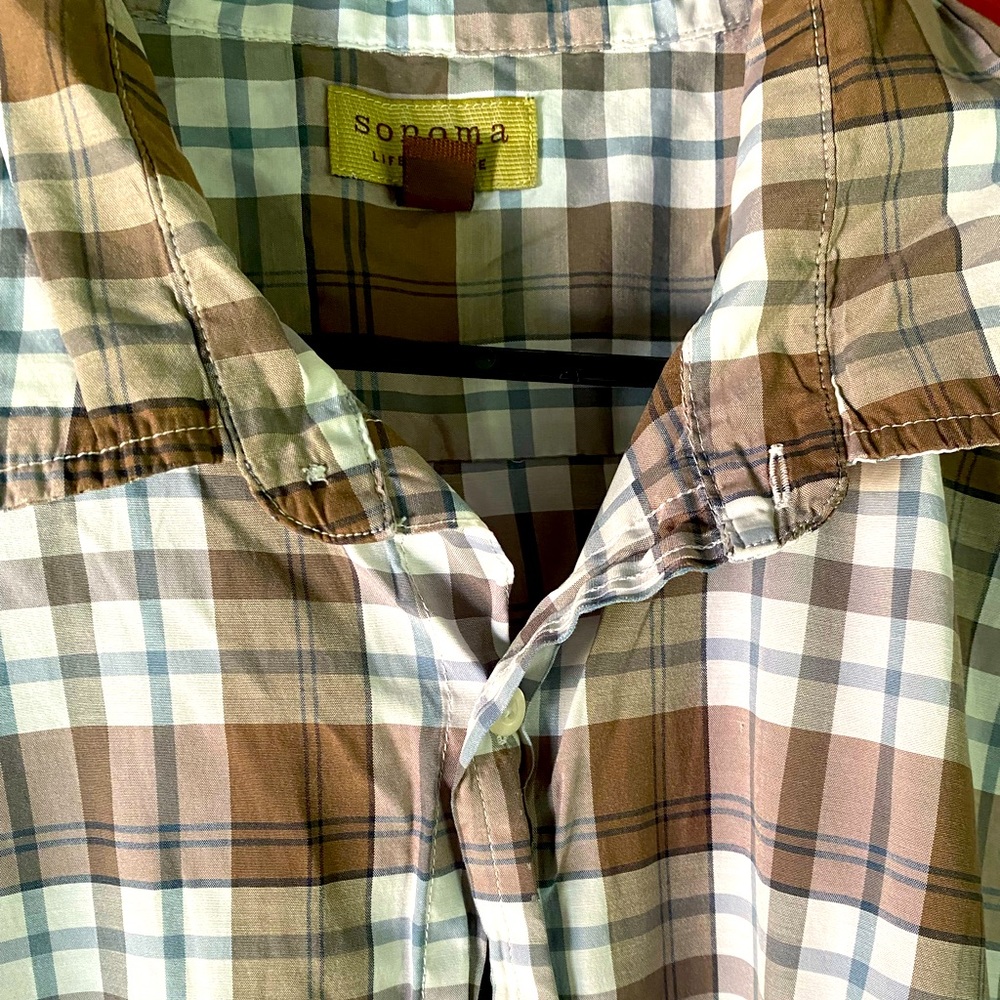 Sonoma XXL plaid button up short sleeve shirt brown grey blue white